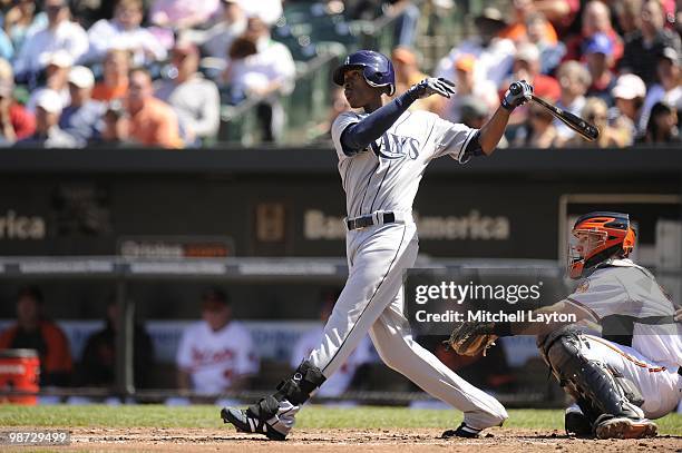 Upton of the Tampa Bay Rays takes a swing during a baseball game against the Baltimore Orioles on April 14, 2010 at Camden Yards in Baltimore,...