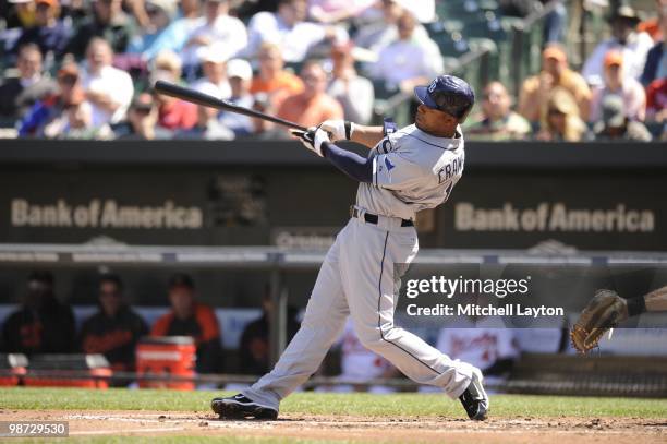 Carl Crawford of the Tampa Bay Rays takes a swing during a baseball game against the Baltimore Orioles on April 14, 2010 at Camden Yards in...