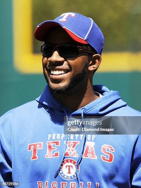 Shortstop Elvis Andrus of the Texas Rangers smiles prior to a game on April 12, 2010 against the Cleveland Indians at Progressive Field in Cleveland,...