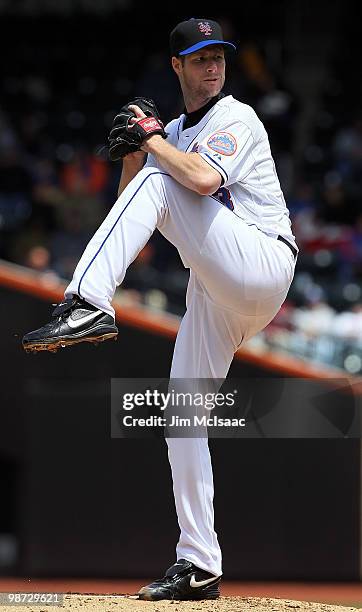 John Maine of the New York Mets pitches against the Los Angeles Dodgers on April 28, 2010 at Citi Field in the Flushing neighborhood of the Queens...