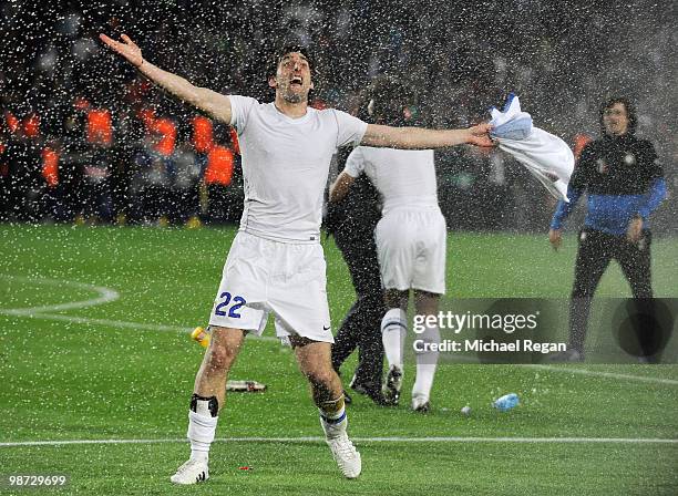 Diego Milito of Inter Milan celebrates after victory in the UEFA Champions League Semi Final Second Leg match between Barcelona and Inter Milan at...