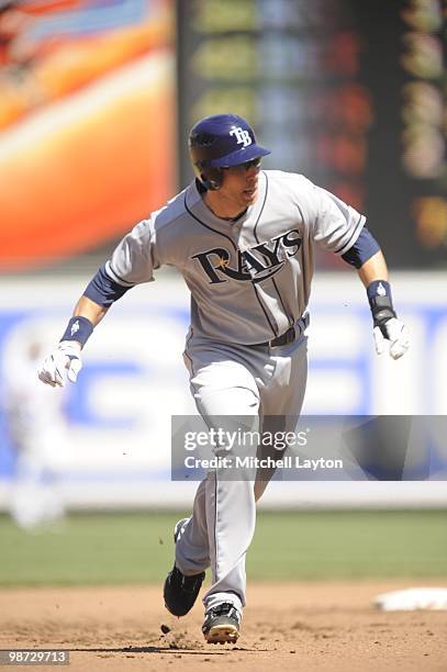 Jason Bartlett of the Tampa Bay Rays leads off second base during a baseball game against the Baltimore Orioles on April 14, 2010 at Camden Yards in...