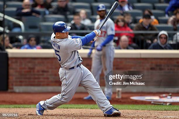 Russell Martin of the Los Angeles Dodgers follows through on a two-run fifth inning home run against the New York Mets on April 28, 2010 at Citi...