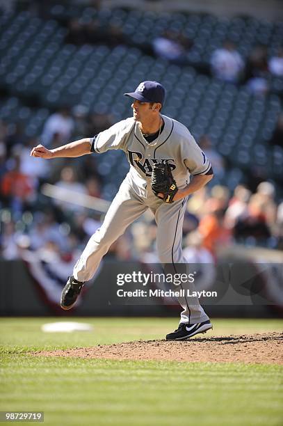 Grant Balfour of the Tampa Bay Rays pitches during a baseball game against the Baltimore Orioles on April 14, 2010 at Camden Yards in Baltimore,...