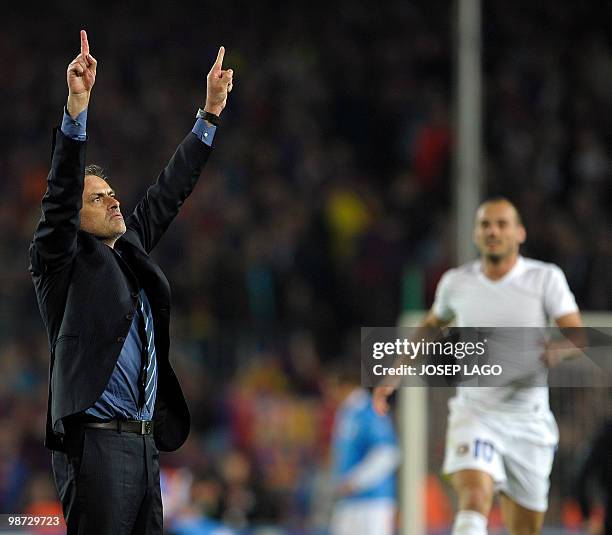 Inter Milan's Portuguese coach Jose Mourinho celebrates after winning the UEFA Champions League semi-final second leg football match Barcelona vs...