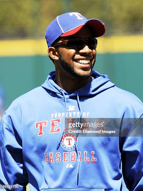Shortstop Elvis Andrus of the Texas Rangers smiles prior to a game on April 12, 2010 against the Cleveland Indians at Progressive Field in Cleveland,...