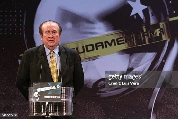 S President Nicolas Leoz speaks during the draw of the 2010 Nissan Sudamericana Cup at Conmebol Conventions Center on April 28, 2010 in Luque,...