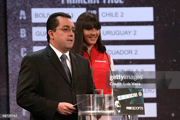 Eduardo Aranda, senior manager of Nissan Latin America, speaks during the draw of the 2010 Nissan Sudamericana Cup at Conmebol Conventions Center on...