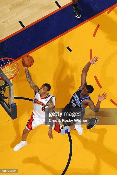 Monta Ellis of the Golden State Warriors goes to the hoop past Wesley Matthews of the Utah Jazz at Oracle Arena on April 13, 2010 in Oakland,...