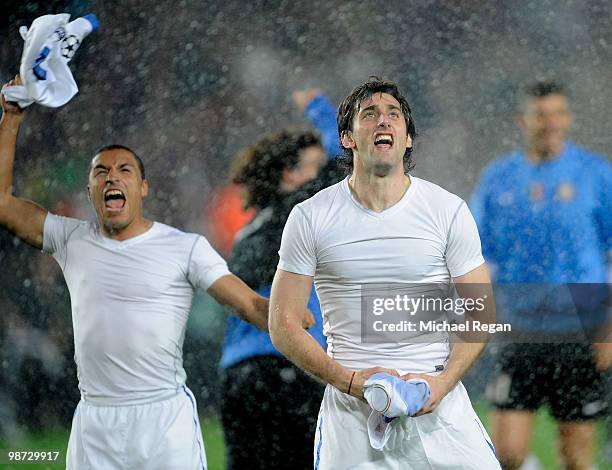 Diego Milito of Inter Milan celebrates on the final whistle with team mate Ivan Cordoba after the UEFA Champions League Semi Final Second Leg match...