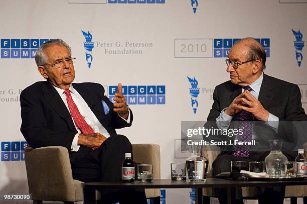 April 28: Peter G. Peterson and former Federal Reserve Chairman Alan Greenspan during the 2010 Fiscal Summit sponsored by the Peter G. Peterson...