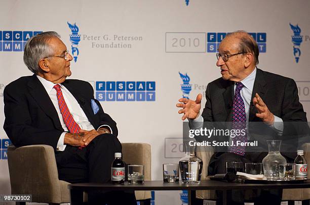 April 28: Peter G. Peterson and former Federal Reserve Chairman Alan Greenspan during the 2010 Fiscal Summit sponsored by the Peter G. Peterson...