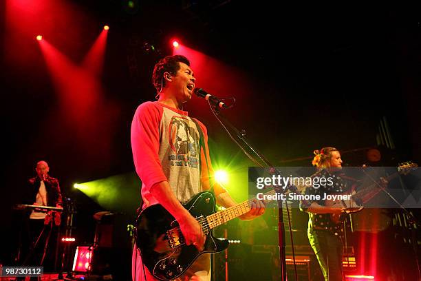 Dougy Mandagi of Australian indie rock band, The Temper Trap performs live on stage at Shepherds Bush Empire on April 28, 2010 in London, England.