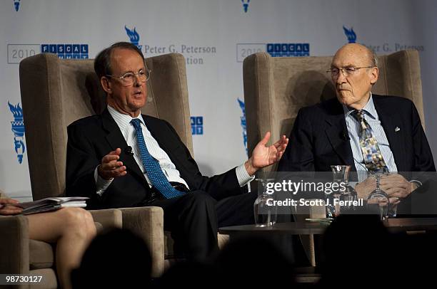 April 28: National Commission on Fiscal Responsibility and Reform co-chairmen Erskine Bowles, and Alan Simpson during a panel discussion at the 2010...