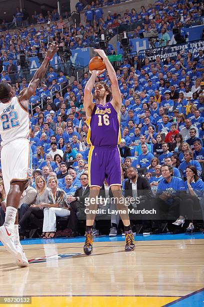 Pau Gasol of the Los Angeles Lakers makes a jumpshot against the Oklahoma City Thunder in Game Three of the Western Conference Quarterfinals during...