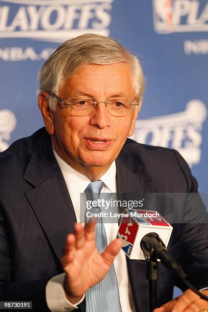 Commissioner David Stern talks to the media before the game between the Oklahoma City Thunder and Los Angeles Lakers in Game Three of the Western...