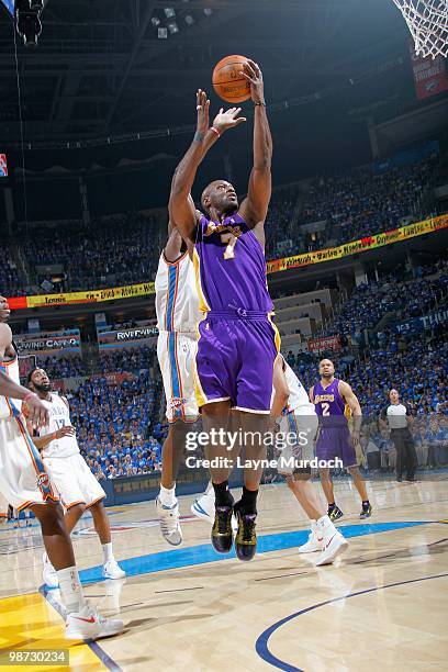 Lamar Odom of the Los Angeles Lakers puts a shot up against the Oklahoma City Thunder in Game Three of the Western Conference Quarterfinals during...