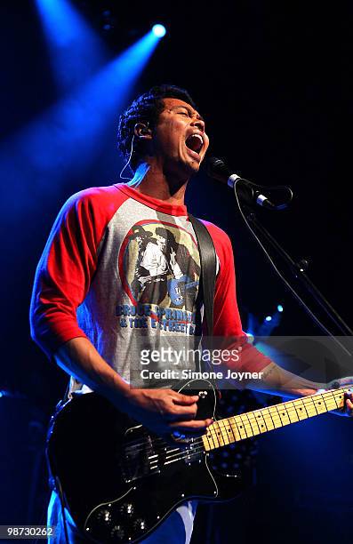 Dougy Mandagi of Australian indie rock band, The Temper Trap performs live on stage at Shepherds Bush Empire on April 28, 2010 in London, England.