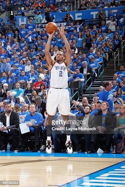 Thabo Sefolosha of the Oklahoma City Thunder makes a jumpshot against Los Angeles Lakers in Game Three of the Western Conference Quarterfinals during...