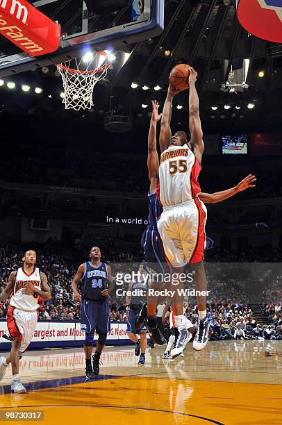 Reggie Williams of the Golden State Warriors goes to the hoop during the game against the Utah Jazz at Oracle Arena on April 13, 2010 in Oakland,...