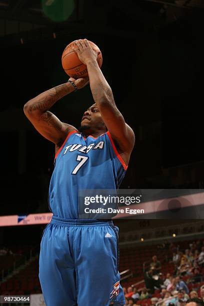 Wink Adams of the Tulsa 66ers shoots the jump shot against the Iowa Energy in Game Three of the Semifinal series of the D-League playoffs on April...