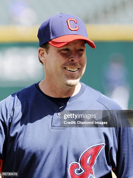 Catcher Mike Redmond of the Cleveland Indians smiles prior to a game on April 12, 2010 against the Texas Rangers at Progressive Field in Cleveland,...