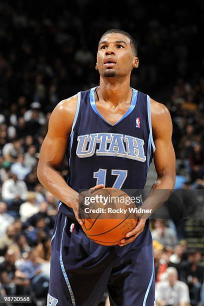 Ronnie Price of the Utah Jazz prepares to shoot a free throw during the game against the Golden State Warriors at Oracle Arena on April 13, 2010 in...