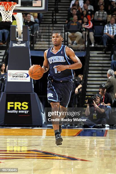 Ronnie Price of the Utah Jazz moves the ball upcourt during the game against the Golden State Warriors at Oracle Arena on April 13, 2010 in Oakland,...