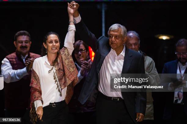 Claudia Sheinbaum , candidate for mayor of Mexico City and Andres Manuel Lopez Obrador , candidate for President of Mexico attend the final event of...