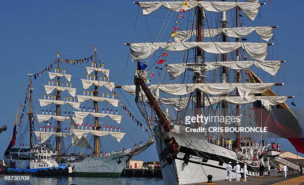 View of the Colombian sailboat Gloria , next to the Venezuelan Simon Bolivar , after mooring at the Callao Naval Base in Peru, on April 28, 2010....