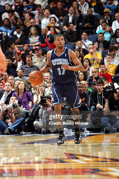 Ronnie Price of the Utah Jazz brings the ball upcourt during the game against the Golden State Warriors at Oracle Arena on April 13, 2010 in Oakland,...