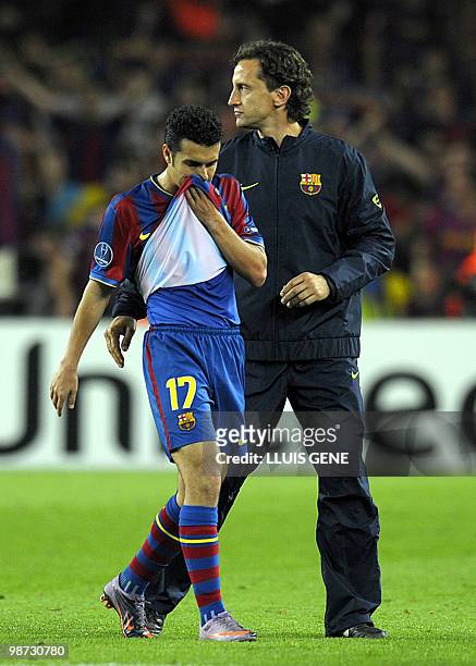 Barcelona's forward Pedro Rodriguez reacts after the UEFA Champions League semi-final second leg football match Barcelona vs Inter Milan on April 28,...