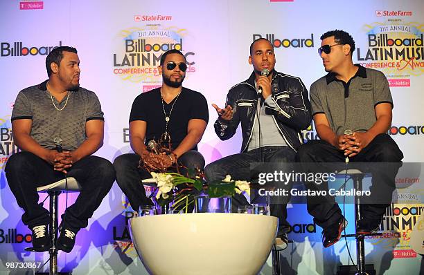 Lenny Santos, Henry Santos Jeter, Anthony "Romeo"Santos and Max Santos of Aventura speak at a Q&A with Aventura at Conrad San Juan Condado Plaza on...