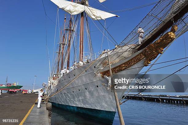 View of the Spaniard sailboat Sebastian Elcano, after mooring at the Callao Naval Base in Peru, on April 28, 2010. Eleven training ships from America...