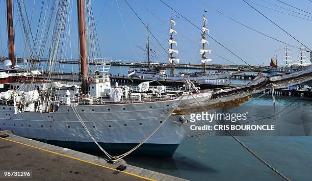 Cadets work on the fixing of the Spaniard sailboat Sebastian Elcano, after mooring at the Callao Naval Base in Peru, on April 28, 2010. Eleven...