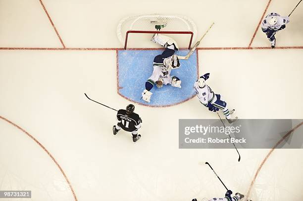 Aerial view of Vancouver Canucks goalie Roberto Luongo in action, making glove save vs Los Angeles Kings. Game 6. Los Angeles, CA 4/25/2010 CREDIT:...