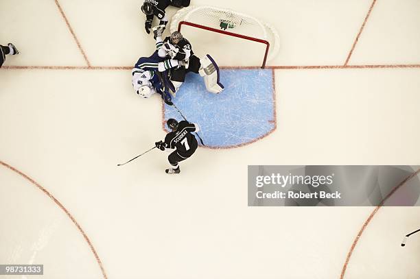 Aerial view of Los Angeles Kings goalie Jonathan Quick in action vs Vancouver Canucks Jannik Hansen . Game 6. Los Angeles, CA 4/25/2010 CREDIT:...