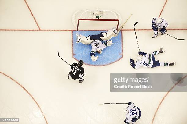 Aerial view of Vancouver Canucks goalie Roberto Luongo in action, making glove save vs Los Angeles Kings. Game 6. Los Angeles, CA 4/25/2010 CREDIT:...