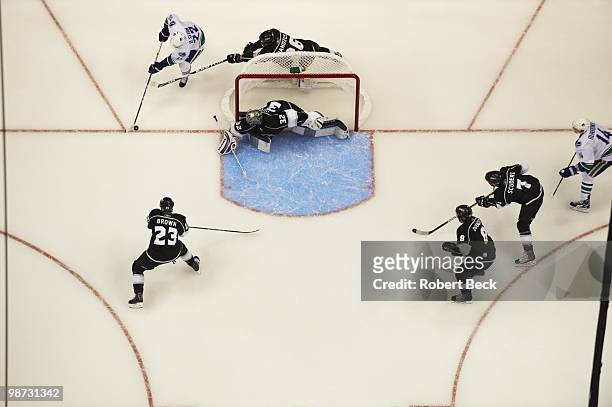 Aerial view of Los Angeles Kings goalie Jonathan Quick and Michal Handzus in action vs Vancouver Canucks Daniel Sedin . Game 6. Los Angeles, CA...