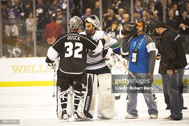 Vancouver Canucks goalie Roberto Luongo shaking hands with Los Angeles Kings goalie Jonathan Quick after game. Game 6. Los Angeles, CA 4/25/2010...