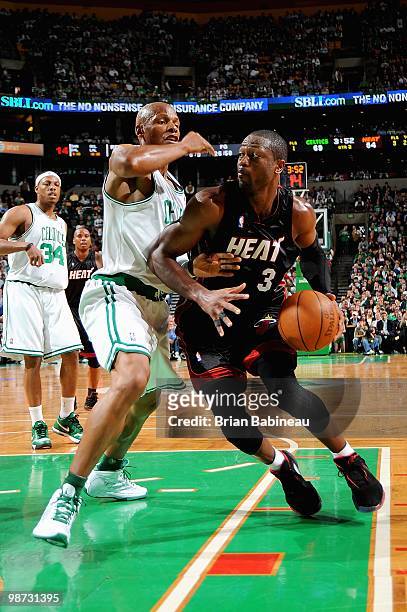 Dwyane Wade of the Miami Heat drives around Paul Pierce of the Boston Celtics in Game Five of the Eastern Conference Quarterfinals during the 2010...