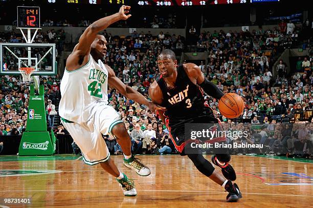 Dwyane Wade of the Miami Heat drives to the basket past Tony Allen of the Boston Celtics in Game Five of the Eastern Conference Quarterfinals during...