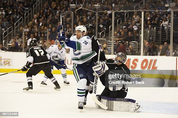 Los Angeles Kings goalie Jonathan Quick in action vs Vancouver Canucks Mikael Samuelsson . Game 6. Los Angeles, CA 4/25/2010 CREDIT: Robert Beck