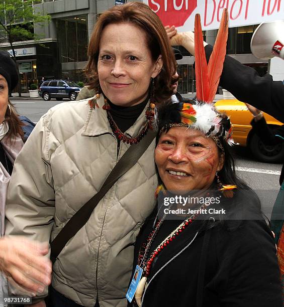 Sigourney Weaver and Manuela Omari Ima Omene of the Huaorani protest the construction of the Belo Monte Dam in Brazil in front of the Brazilian...