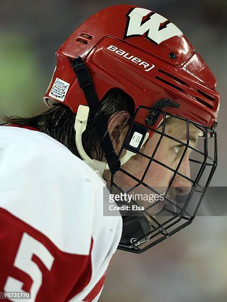 Blake Geoffrion of the Wisconsin Badgers looks on before a face off against the Boston College Eagles during the championship game of the 2010 NCAA...