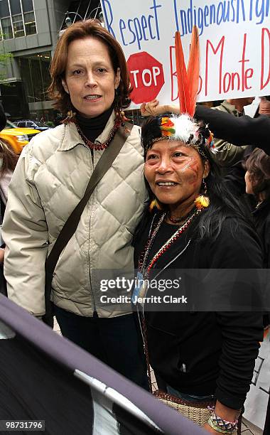 Sigourney Weaver and Manuela Omari Ima Omene of the Huaorani protest the construction of the Belo Monte Dam in Brazil in front of the Brazilian...