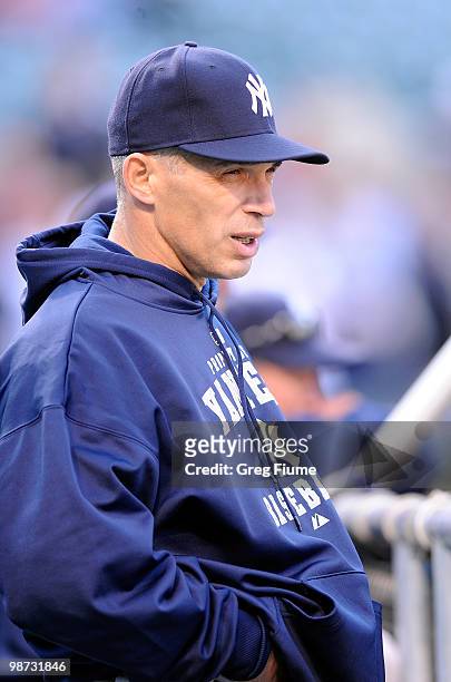 Manager Joe Girardi of the New York Yankees watches batting practice before the game against the Baltimore Orioles at Camden Yards on April 28, 2010...