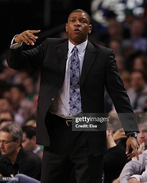 Head coach Doc Rivers of the Boston Celtics directs his players in the first half against the Washington Wizards on March 7, 2010 at the TD Garden in...