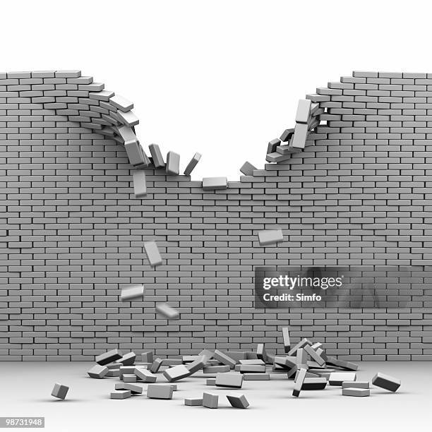 destroyed brickwall - breaking boundaries stock pictures, royalty-free photos & images