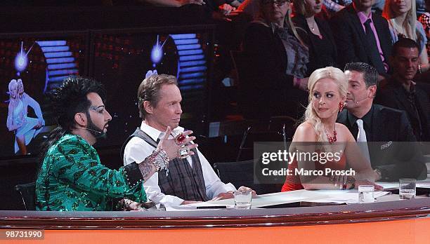 Jury members Harald Gloeoeckler, Peter Kraus, Isabel Edvardsson and Joachim Llambi talk during the 'Let's Dance' TV show at Studios Adlershof on...